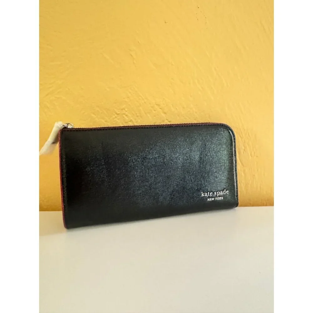 KATE SPADE NY Devin glitter edge leather women's zip around large wallet - Black